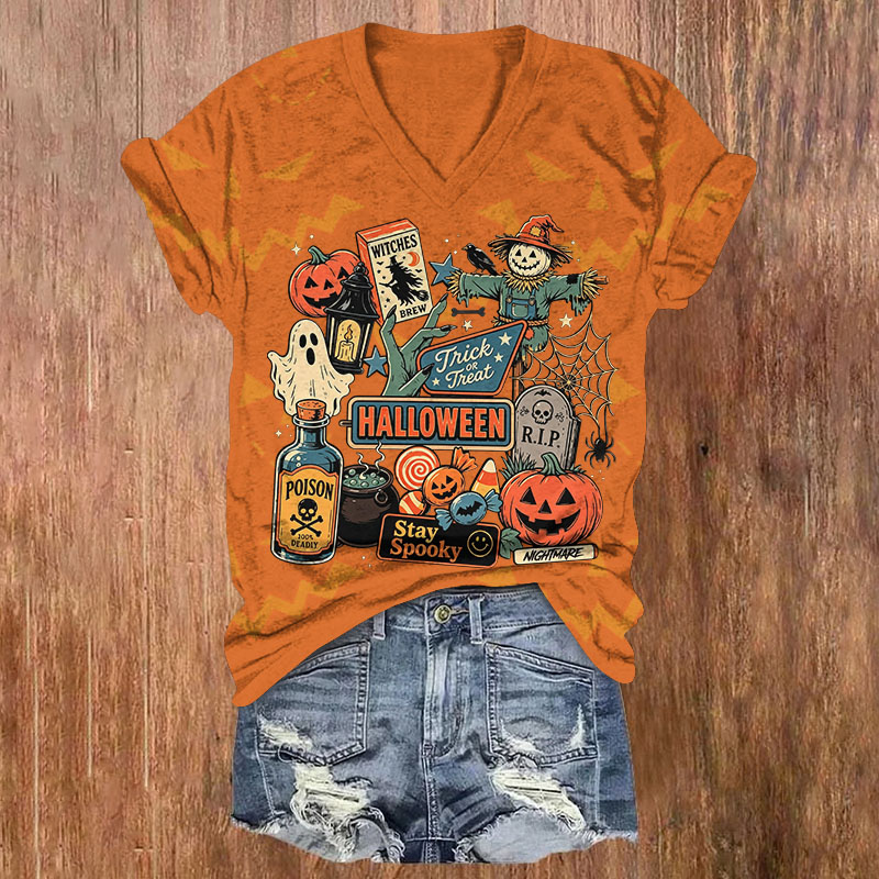 Retro Halloween Spooky Mix Pattern Print Short Sleeved V-Neck T-Shirt - Orange - US32-34(5XL) - image 1