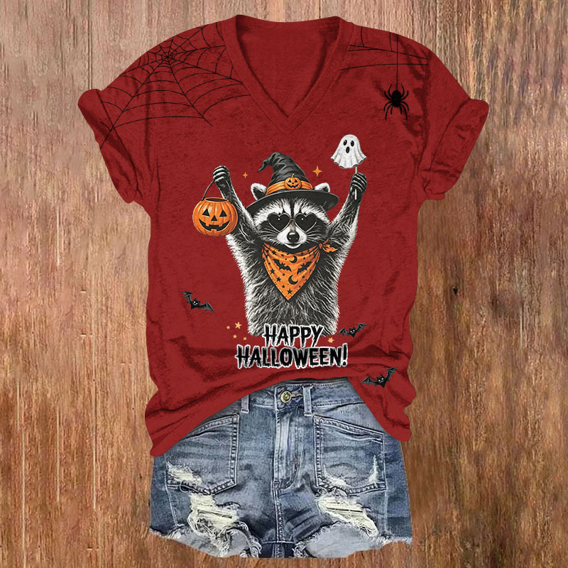 Cute Halloween Witch Raccoon Print Short Sleeved V-Neck T-Shirt - Wine - US32-34(5XL) - image 1