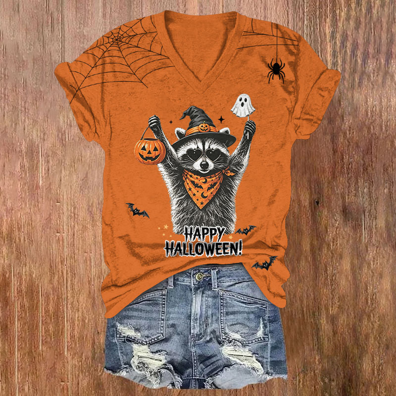 Cute Halloween Witch Raccoon Print Short Sleeved V-Neck T-Shirt - Orange - US32-34(5XL) - image 3