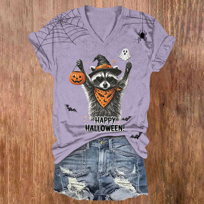 Cute Halloween Witch Raccoon Print Short Sleeved V-Neck T-Shirt - Purple - US32-34(5XL) - image 2