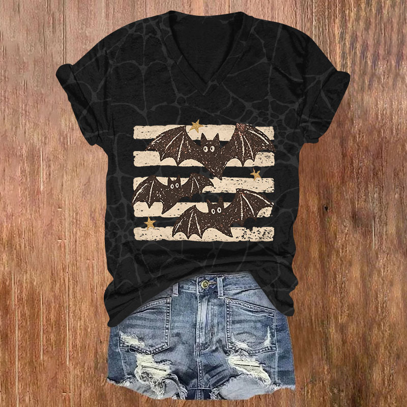 Retro Halloween Striped Bat Print Short Sleeved V-Neck T-Shirt - Black - US32-34(5XL) - image 2