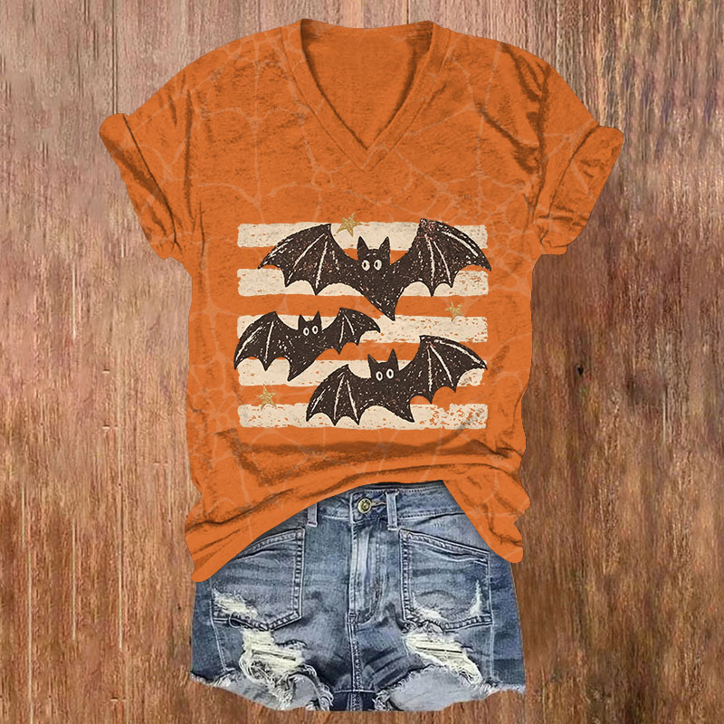 Retro Halloween Striped Bat Print Short Sleeved V-Neck T-Shirt - Orange - US32-34(5XL) - image 1