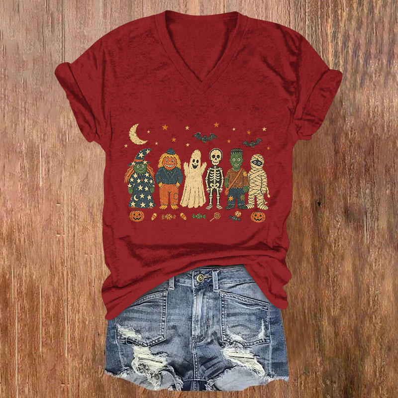 Retro Halloween Monster Print Short Sleeved V-Neck T-Shirt - Wine - US32-34(5XL) - image 2