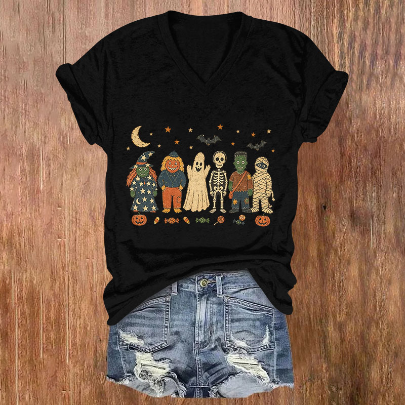 Retro Halloween Monster Print Short Sleeved V-Neck T-Shirt - Black - US32-34(5XL) - image 1