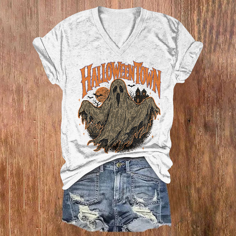 Retro Grunge Halloween Town Ghost Print Short Sleeved V-Neck T-Shirt - White - US32-34(5XL) - image 2