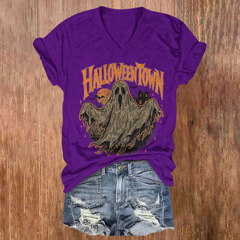 Retro Grunge Halloween Town Ghost Print Short Sleeved V-Neck T-Shirt - Purple - US32-34(5XL) - image 1