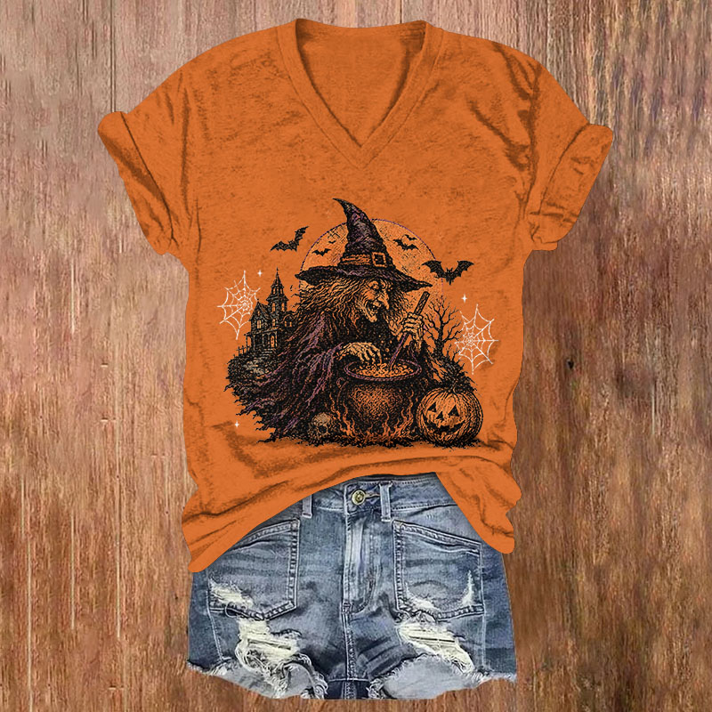Retro Spooky Halloween Witch Print Short Sleeved V-Neck T-Shirt - Orange - US32-34(5XL) - image 2