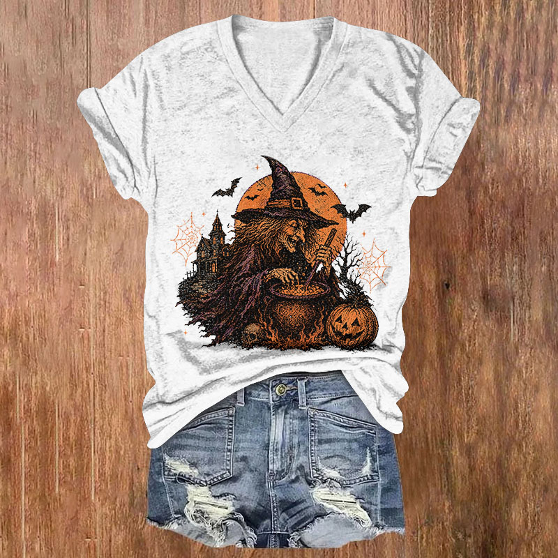Retro Spooky Halloween Witch Print Short Sleeved V-Neck T-Shirt - White - US32-34(5XL) - image 1