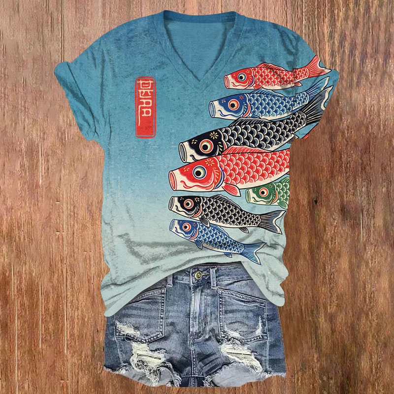 Japanese Woodblock Koi Carp Print Short Sleeved V-Neck T-Shirt - Blue - US32-34(5XL) - image 2
