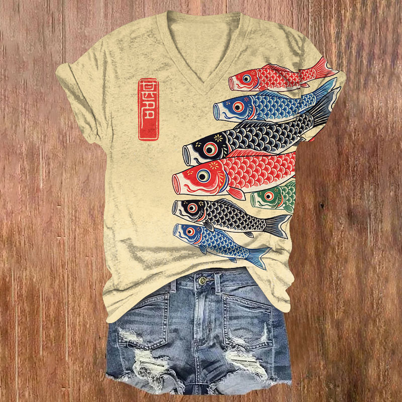 Japanese Woodblock Koi Carp Print Short Sleeved V-Neck T-Shirt - Apricot - US32-34(5XL) - image 1