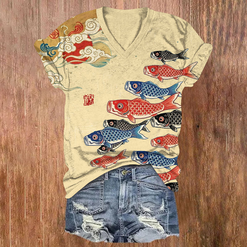 Oriental Retro Swimming Koi Carp Cloud Sun Print Short Sleeved V-Neck T-Shirt - Apricot - US32-34(5XL) - image 2