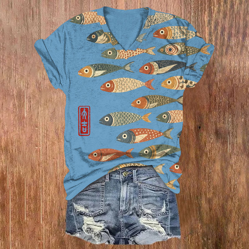 Retro Oriental School Of Fish Print Short Sleeved V-Neck T-Shirt - Blue - US32-34(5XL) - image 2