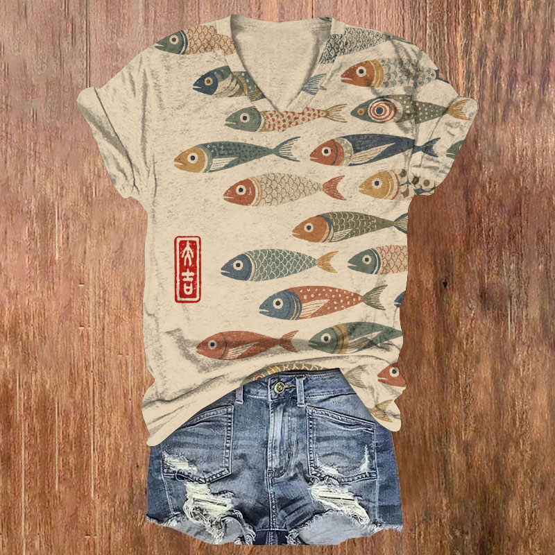 Retro Oriental School Of Fish Print Short Sleeved V-Neck T-Shirt - Apricot - US32-34(5XL) - image 1