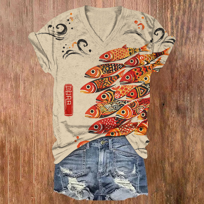 School Of Koi Fish & Wave Print Short Sleeved V-Neck T-Shirt - Apricot - US32-34(5XL) - image 2