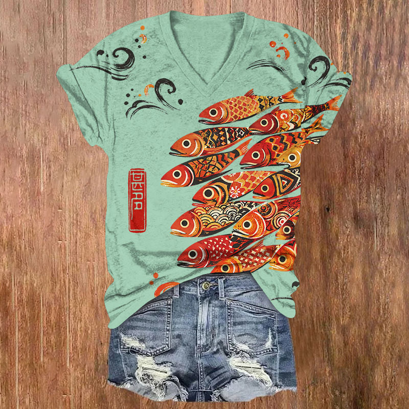 School Of Koi Fish & Wave Print Short Sleeved V-Neck T-Shirt - Green - US32-34(5XL) - image 1
