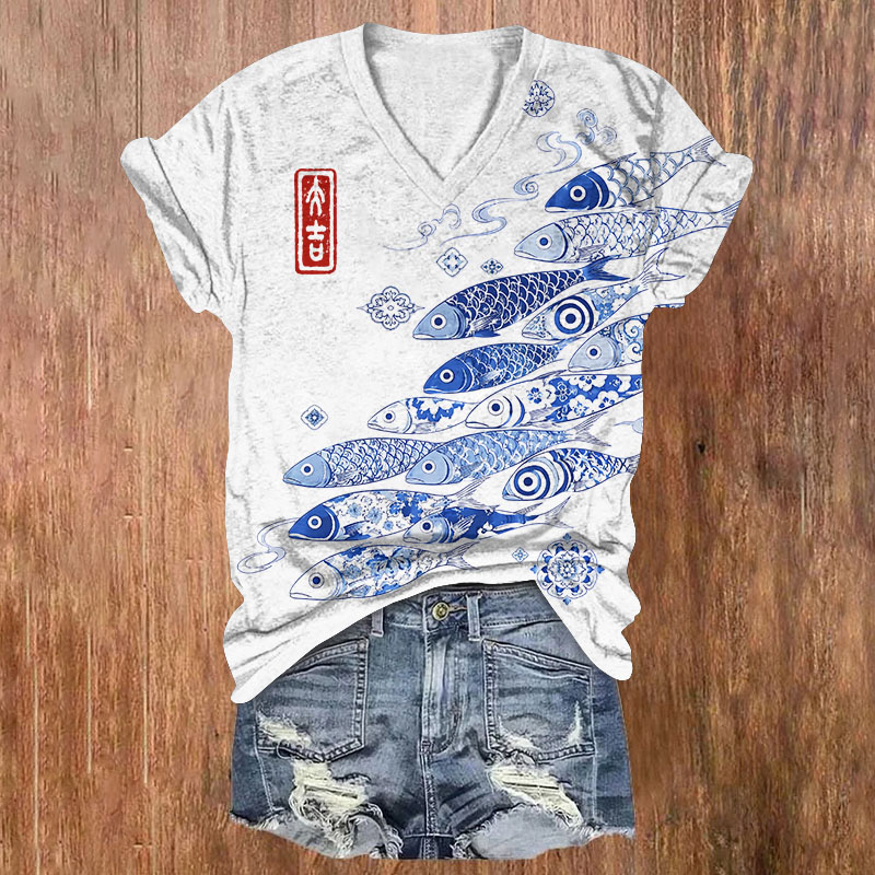 Oriental Blue White Porcelain Pattern Print Short Sleeved V-Neck T-Shirt - White - US32-34(5XL) - image 1
