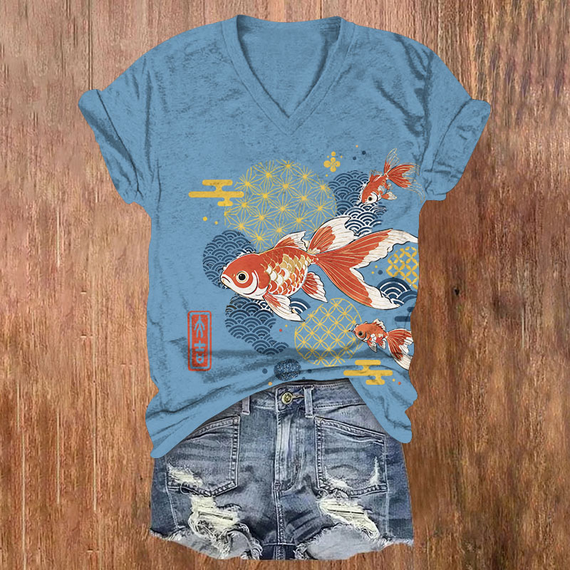 Oriental Retro Red Goldfish Traditional Wave Print Short Sleeved V-Neck T-Shirt - Blue - US32-34(5XL) - image 1