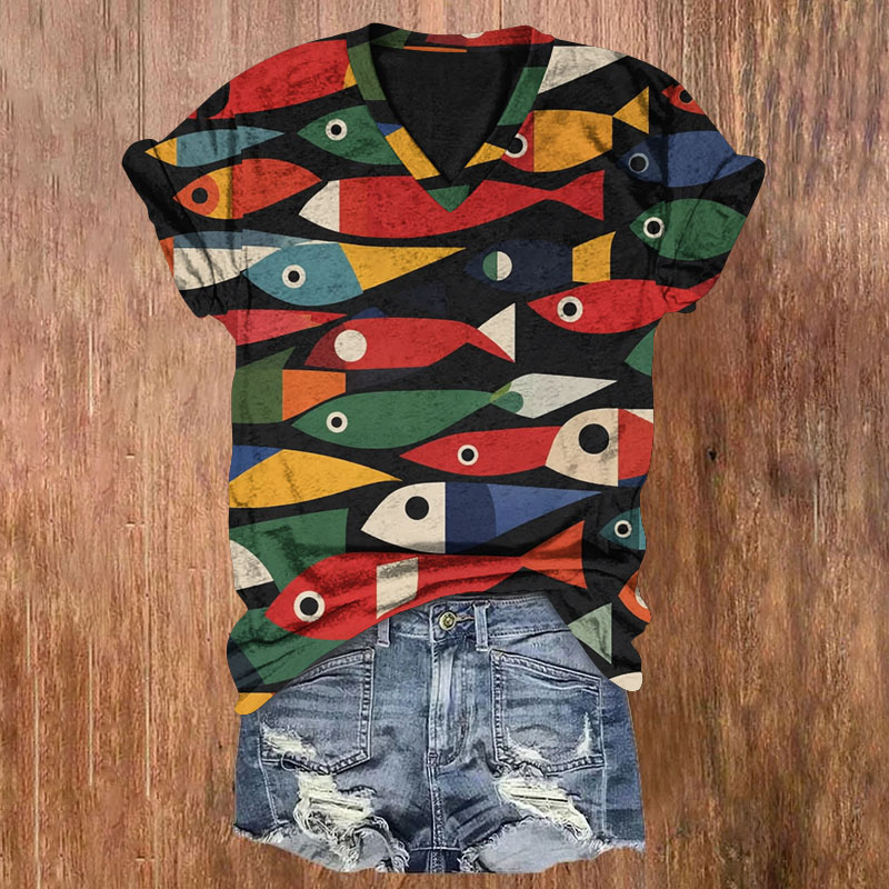 Retro Abstract Colorful Fish Print Short Sleeved V-Neck T-Shirt - Black - US32-34(5XL) - image 1