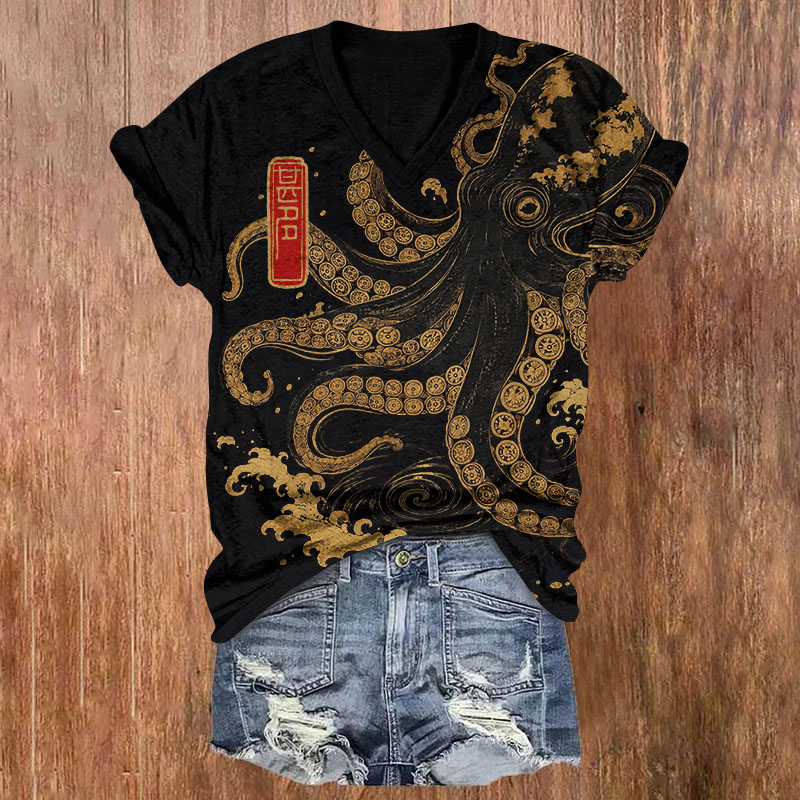 Ukiyo-E Style Golden Coin Octopus Sea Wave Print Short Sleeved V-Neck T-Shirt - Black - US32-34(5XL) - image 1