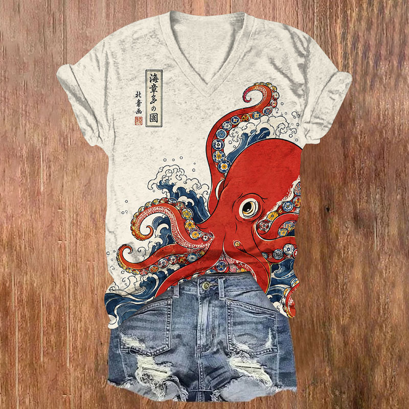Classic Ukiyo-E Red Octopus Great Wave Print Short Sleeved V-Neck T-Shirt - Apricot - US32-34(5XL) - image 1