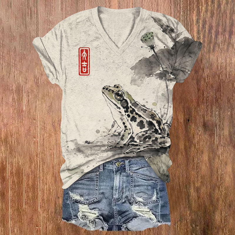 Oriental Ink Art Frog Print Short Sleeved V-Neck T-Shirt - Light Gray - US32-34(5XL) - image 1