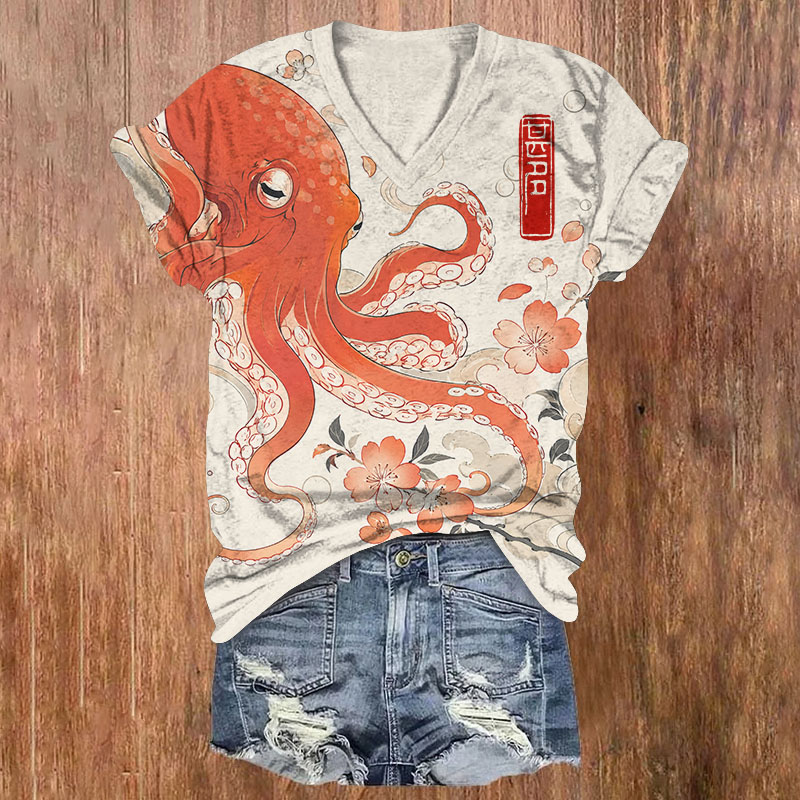 Oriental Retro Red Octopus Sakura Flower Print Short Sleeved V-Neck T-Shirt - Beige - US32-34(5XL) - image 1