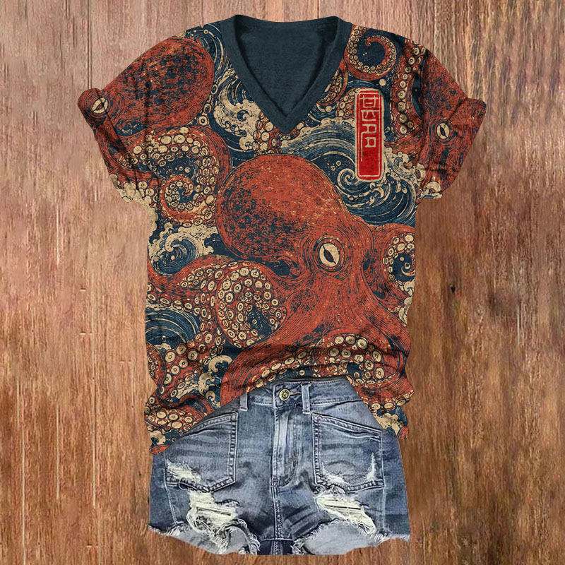 Retro Japanese Great Wave & Octopus Print Short Sleeved V-Neck T-Shirt - Red - US32-34(5XL) - image 1