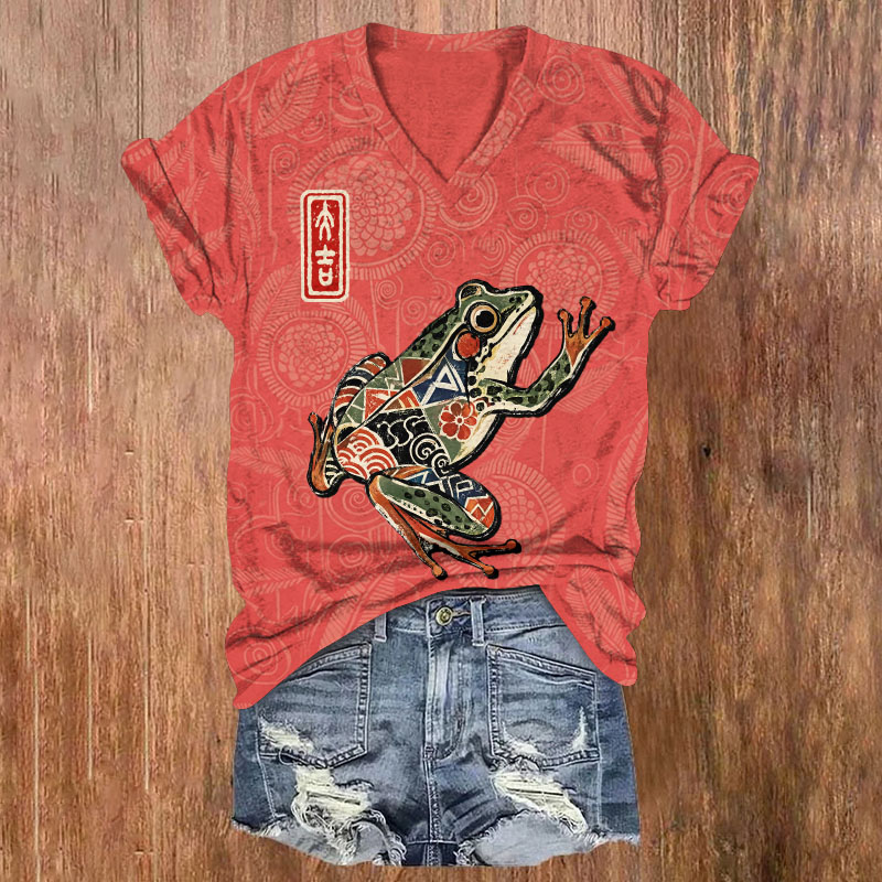 Oriental Geometric Pattern Frog Print Short Sleeved V-neck T-shirt - Red - US32-34(5XL) - image 2
