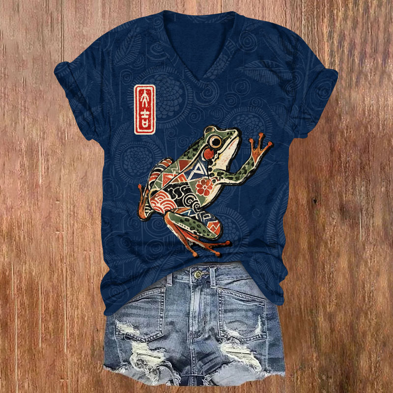 Oriental Geometric Pattern Frog Print Short Sleeved V-neck T-shirt - Navy Blue - US32-34(5XL) - image 1