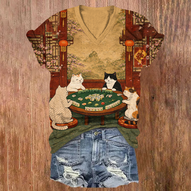 Retro Oriental Scene Four Kittens Play Mahjong Print Short Sleeved V-Neck T-Shirt - Red - US32-34(5XL) - image 1