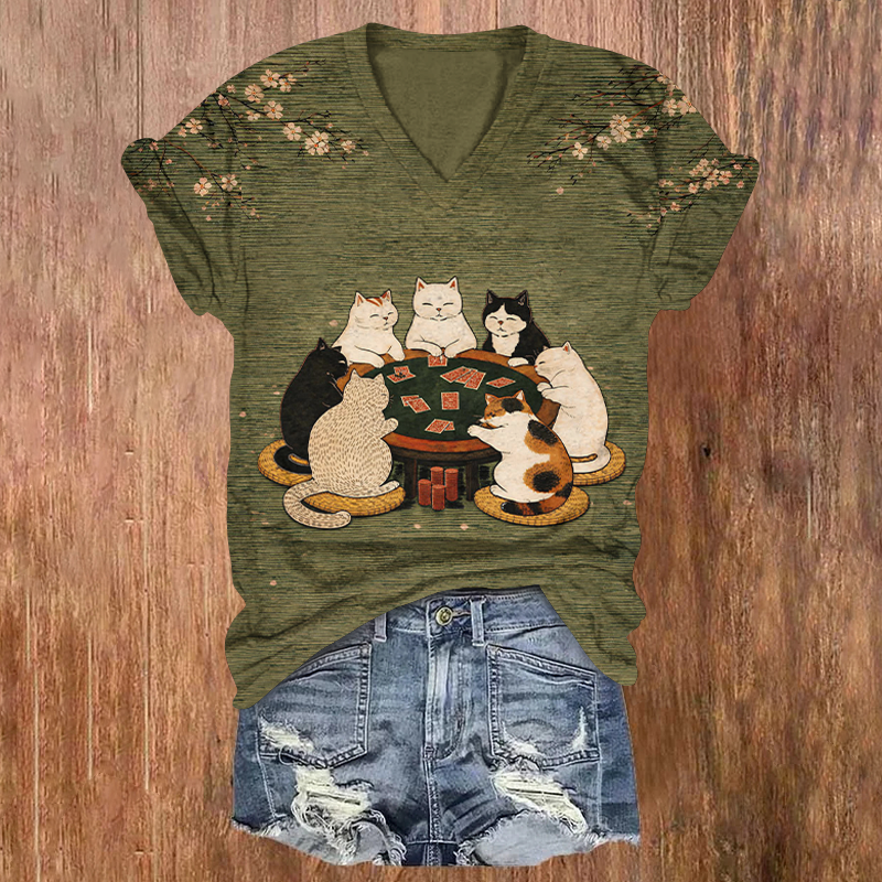 Retro Japanese Style Cats Playing Cards Print Short Sleeved V-Neck T-Shirt - Green - US32-34(5XL) - image 1