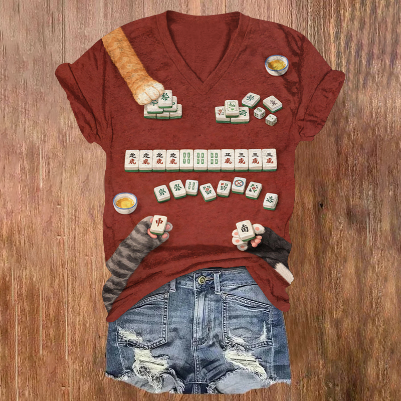 Cute Kitten Paws Play Mahjong Print Short Sleeved V-Neck T-Shirt - Red - US32-34(5XL) - image 1