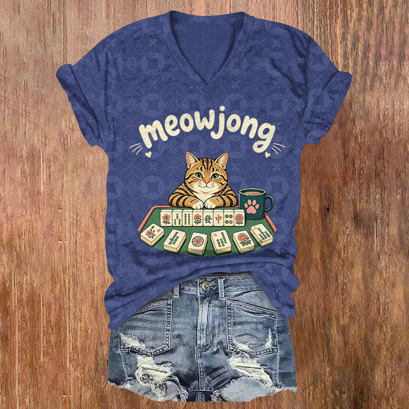 Cute Tabby Cat Meowjong Mahjong Game Print Short Sleeved V-Neck T-Shirt - Blue - US32-34(5XL) - image 2