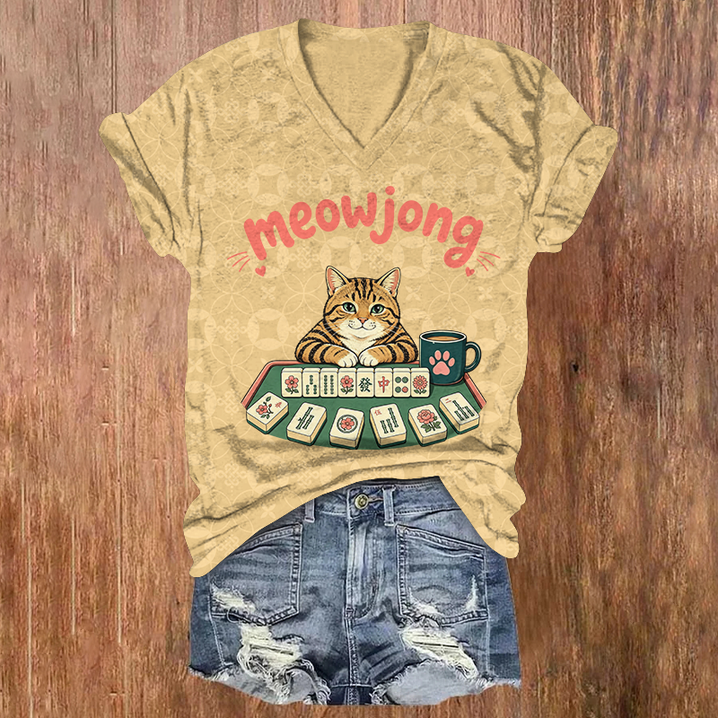 Cute Tabby Cat Meowjong Mahjong Game Print Short Sleeved V-Neck T-Shirt - Apricot - US32-34(5XL) - image 1
