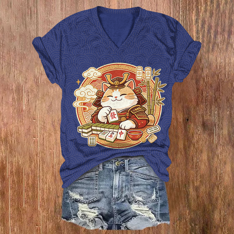 Cute Japanese Samurai Cat Mahjong Print Short Sleeved V-Neck T-Shirt - Blue - US32-34(5XL) - image 2