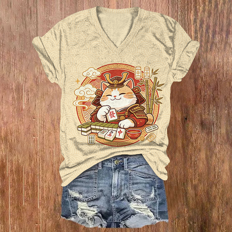 Cute Japanese Samurai Cat Mahjong Print Short Sleeved V-Neck T-Shirt - Apricot - US32-34(5XL) - image 1