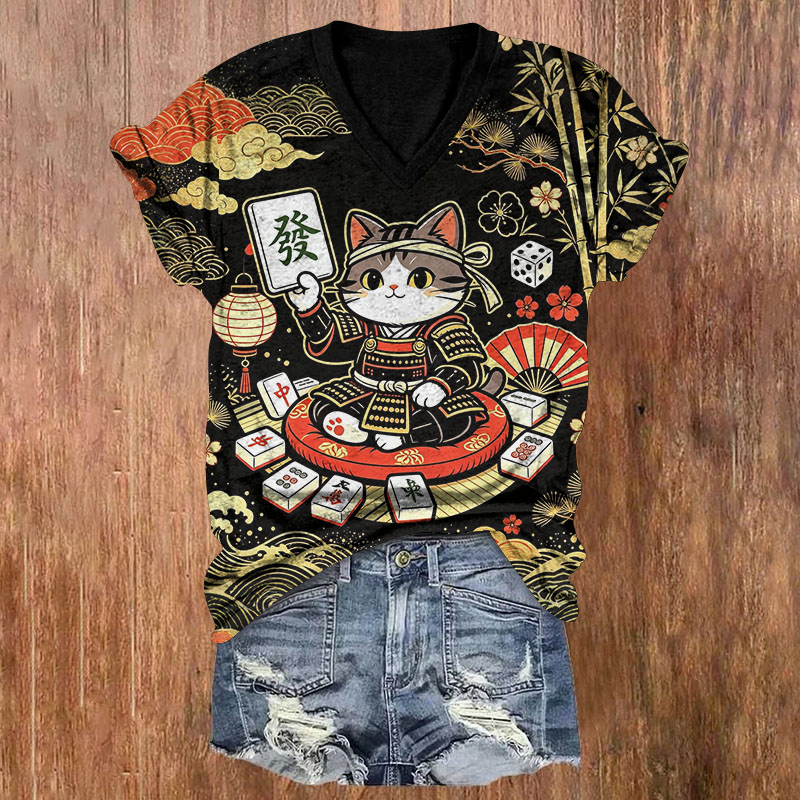 Retro Ukiyo-E Samurai Cat Mahjong Print Short Sleeved V-Neck T-Shirt - Black - US32-34(5XL) - image 1