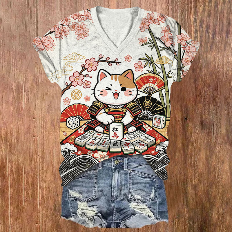 Ukiyo-E Style Winking Lucky Samurai Kitten Mahjong Print Short Sleeved V-Neck T-Shirt - White - US32-34(5XL) - image 1