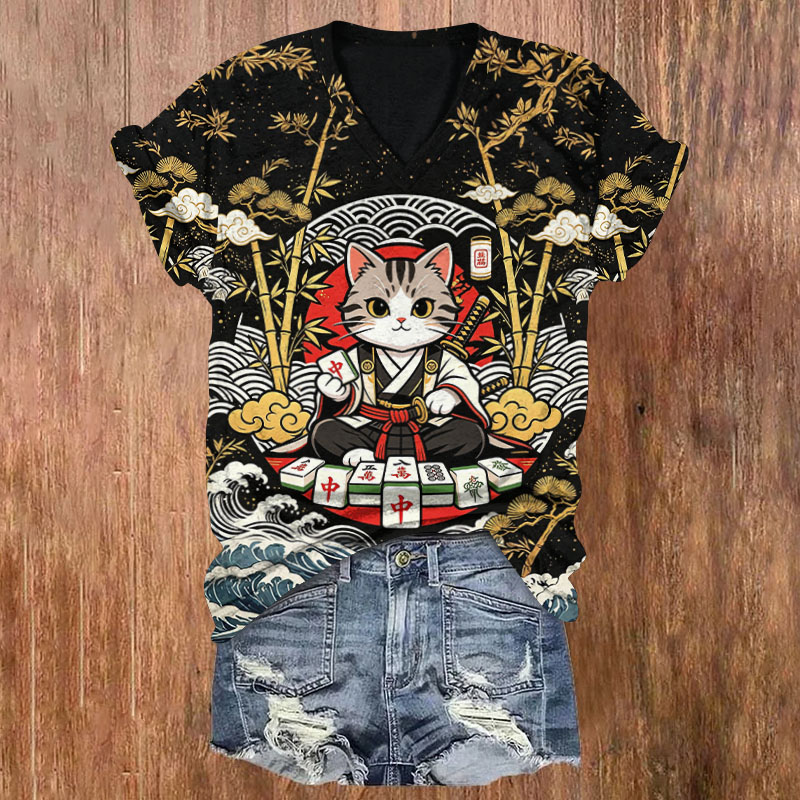 Oriental Samurai Cat Mahjong Golden Bamboo & Ocean Wave Print Short Sleeved V-Neck T-Shirt - Black - US32-34(5XL) - image 1