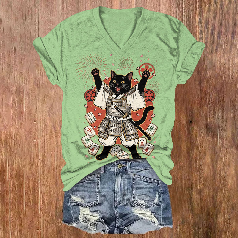 Samurai Black Cat Print Short Sleeved V-Neck T-Shirt - Green - US32-34(5XL) - image 2