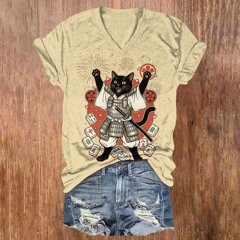 Samurai Black Cat Print Short Sleeved V-Neck T-Shirt - Apricot - US32-34(5XL) - image 1