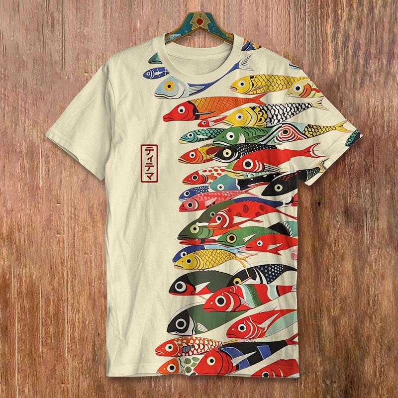 Japanese Vintage Colorful Fishes Pattern Print Men's Casual T-shirt - Apricot - 8XL - image 1