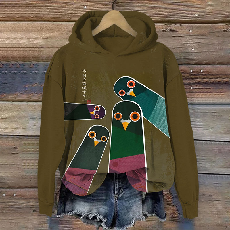 Japanese Retro Surveillance Bird Print Long Sleeved Hoodie - Army Green - US44-46(8XL) - image 2