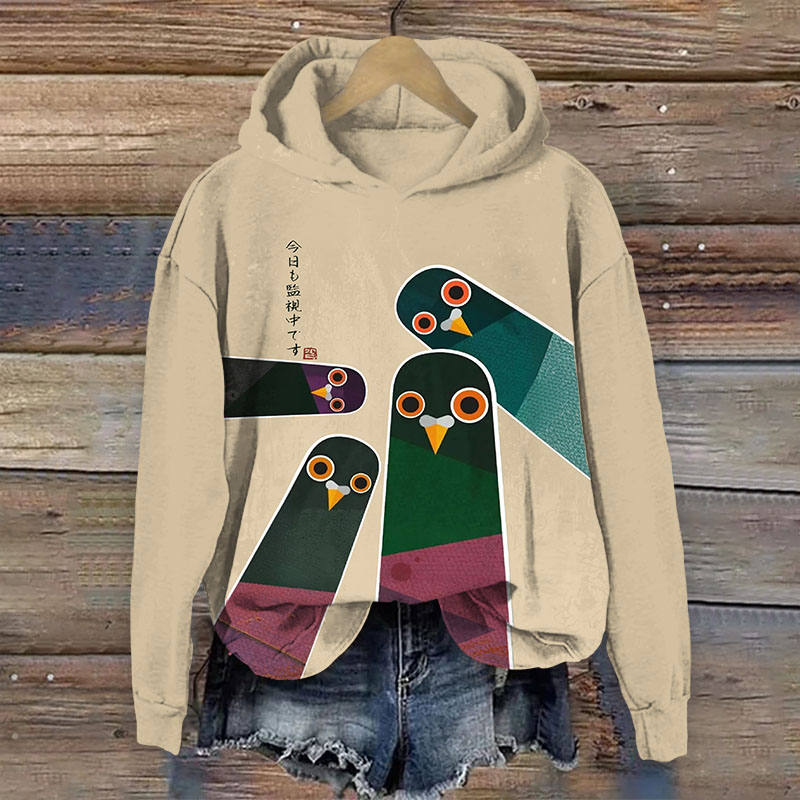 Japanese Retro Surveillance Bird Print Long Sleeved Hoodie - Apricot - US44-46(8XL) - image 1