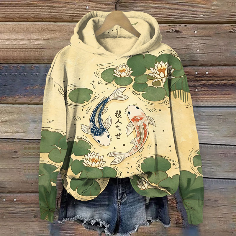 Japanese Koi In The Lotus Pond Print Long Sleeved Hoodie - Apricot - US44-46(8XL) - image 4