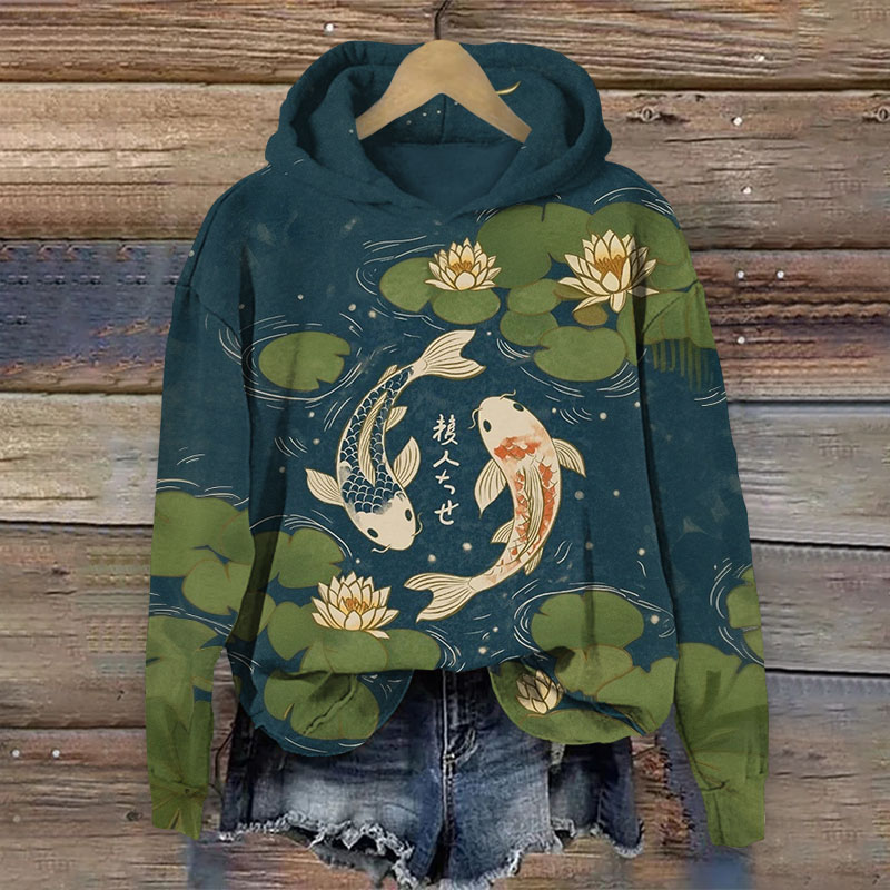 Japanese Koi In The Lotus Pond Print Long Sleeved Hoodie - Dark Blue - US44-46(8XL) - image 1