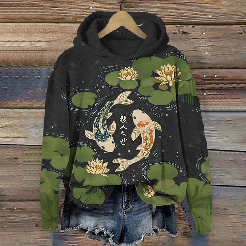 Japanese Koi In The Lotus Pond Print Long Sleeved Hoodie - Black - US44-46(8XL) - image 3