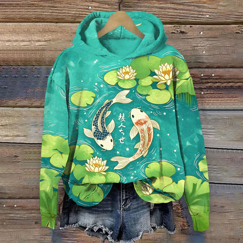 Japanese Koi In The Lotus Pond Print Long Sleeved Hoodie - Lake Blue - US44-46(8XL) - image 2
