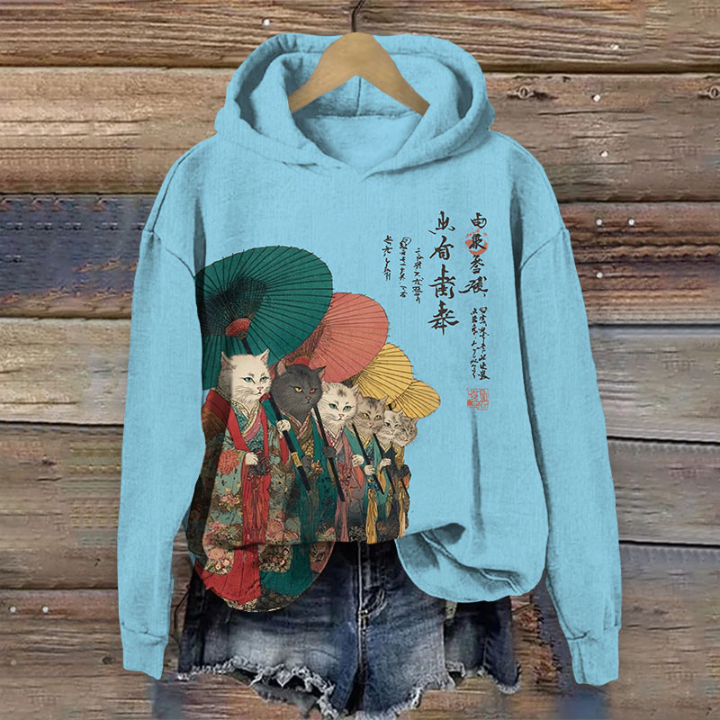Japanese Retro Kimono Cats Pattern Print Long Sleeved Hoodie - Blue - US44-46(8XL) - image 3