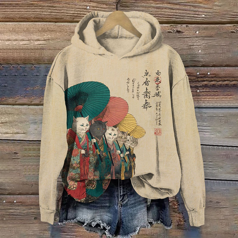 Japanese Retro Kimono Cats Pattern Print Long Sleeved Hoodie - Apricot - US44-46(8XL) - image 1